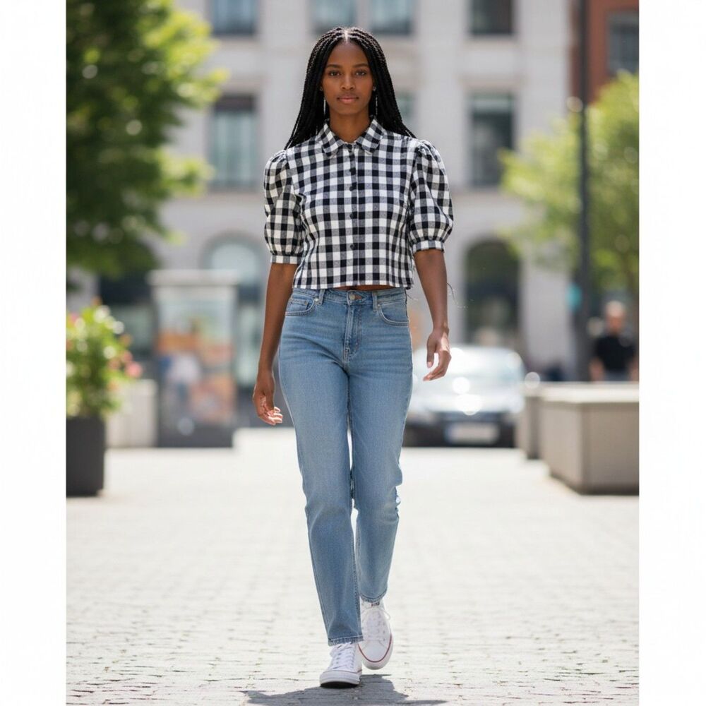 Runway Paris Gingham Crop Blouse Dramatic Puff Sleeves Women's Size S